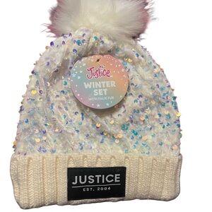 Justice White Sequin Hat with Faux Fur Pom